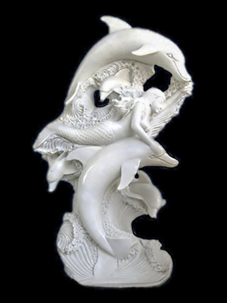 Mermaid and Dolphin White Marble Statue