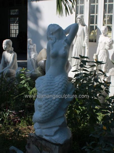 Hand carved stone garden mermaid statue