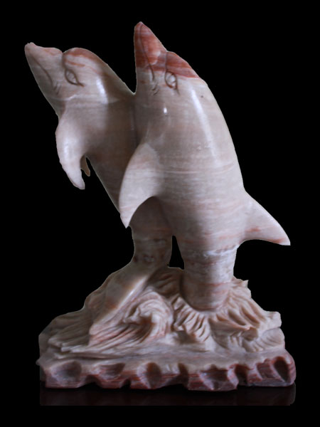 Two Dolphin Pink Vein Marble Statue